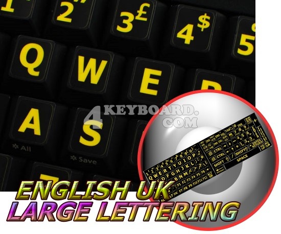 English UK Yellow Large Lettering keyboard (black background)