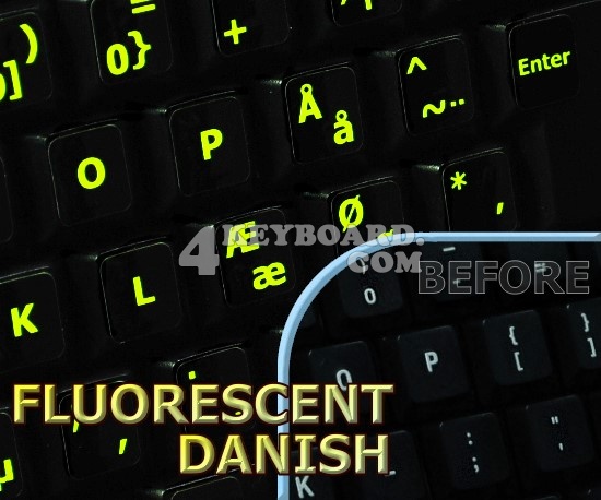 Glowing fluorescent Danish keyboard stickers