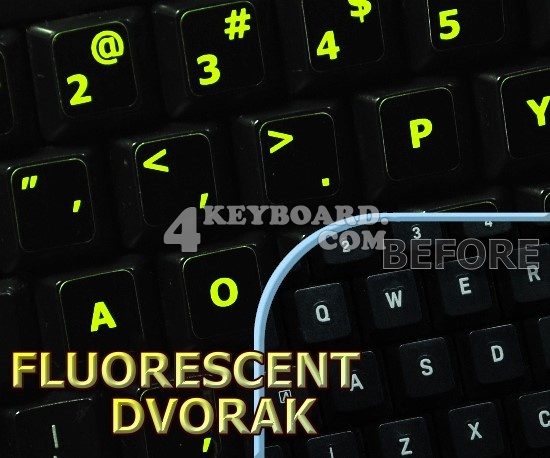 Glowing fluorescent Dvorak keyboard stickers Glowing fluorescent Dvorak keyboard stickers