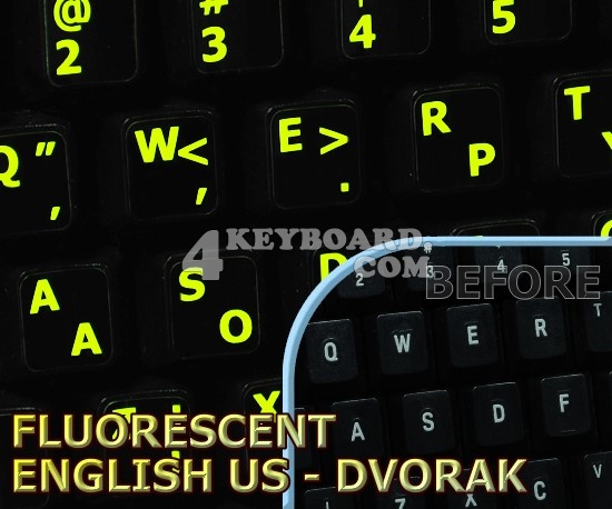 Glowing fluorescent Dvorak - English US keyboard stickers Glowing fluorescent Dvorak - English US keyboard stickers