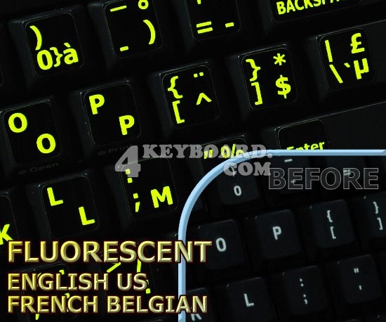 Glowing fluorescent French Belgian English US keyboard stickers Glowing fluorescent French Belgian English US keyboard stickers