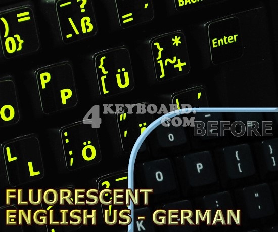 Glowing fluorescent German English US keyboard stickers Glowing fluorescent German English US keyboard stickers