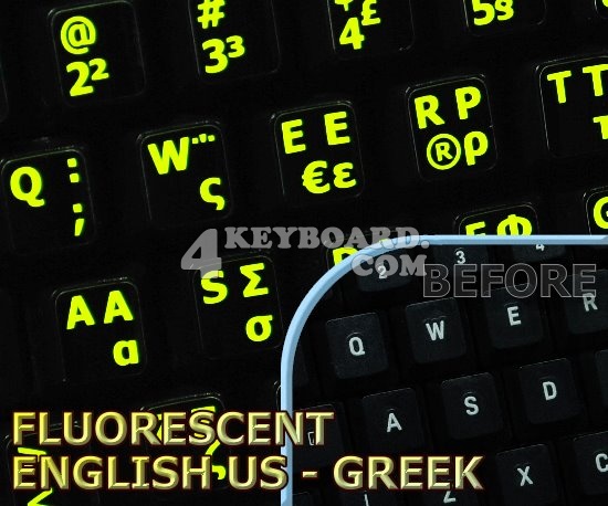 Glowing fluorescent Greek English US keyboard stickers