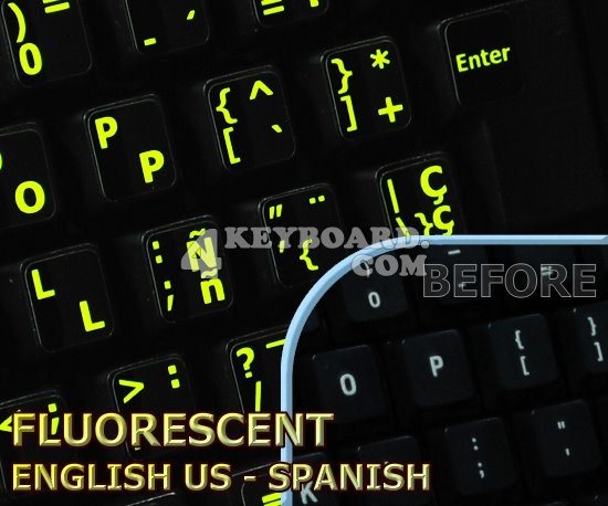 Glowing fluorescent Spanish English US keyboard sticker