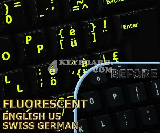 Glowing fluorescent Swiss German - English US keyboard stickers