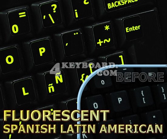 Glowing fluorescent Spanish (LA) keyboard stickers