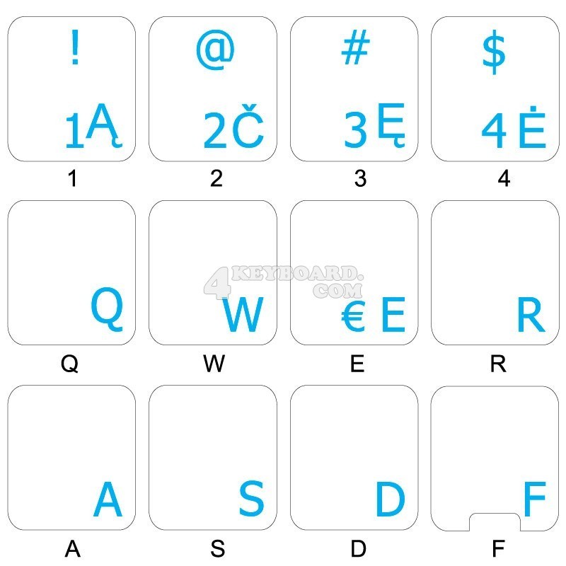 14X14 Lithuanian Keyboard Labels ON Transparent Background with Blue Lettering