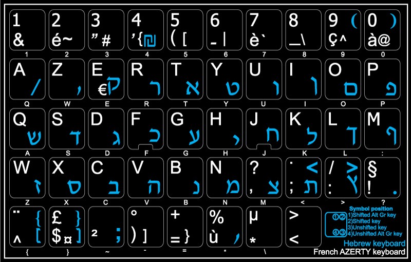 French AZERTY - Hebrew non transparent keyboard stickers