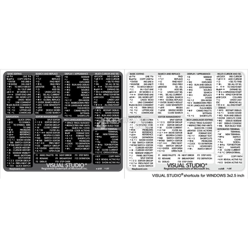 Visual Studio reference keyboard hotkeys decals for Windows