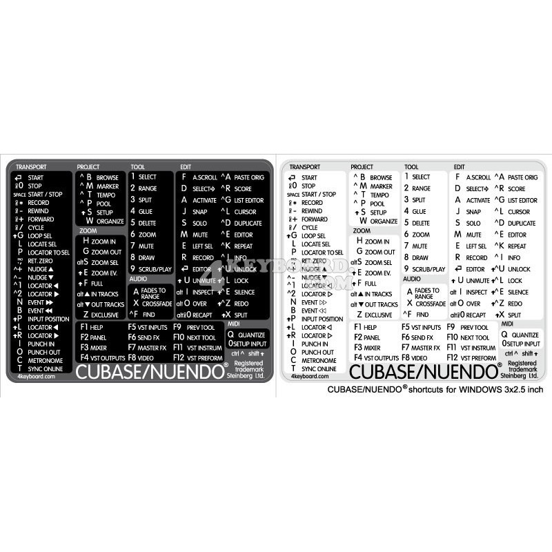 Cubase/Nuendo reference keyboard hotkeys decals for Windows