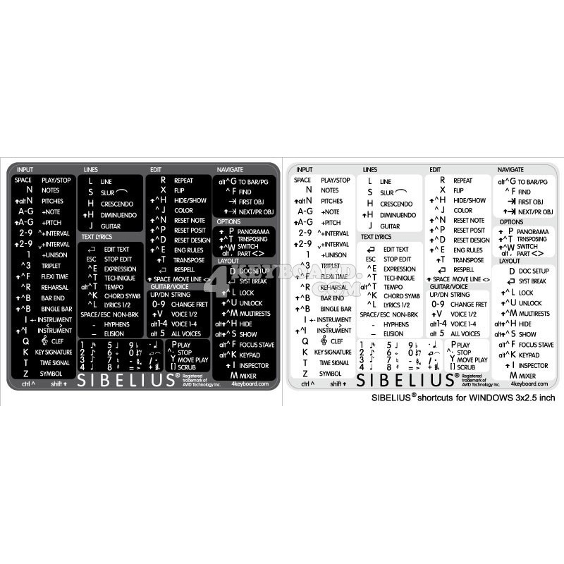 Sibelius reference keyboard hotkeys decals for Windows