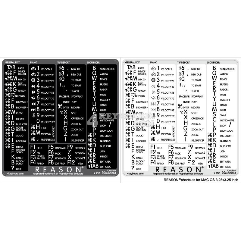 Reason reference keyboard hotkeys decals for Mac OS