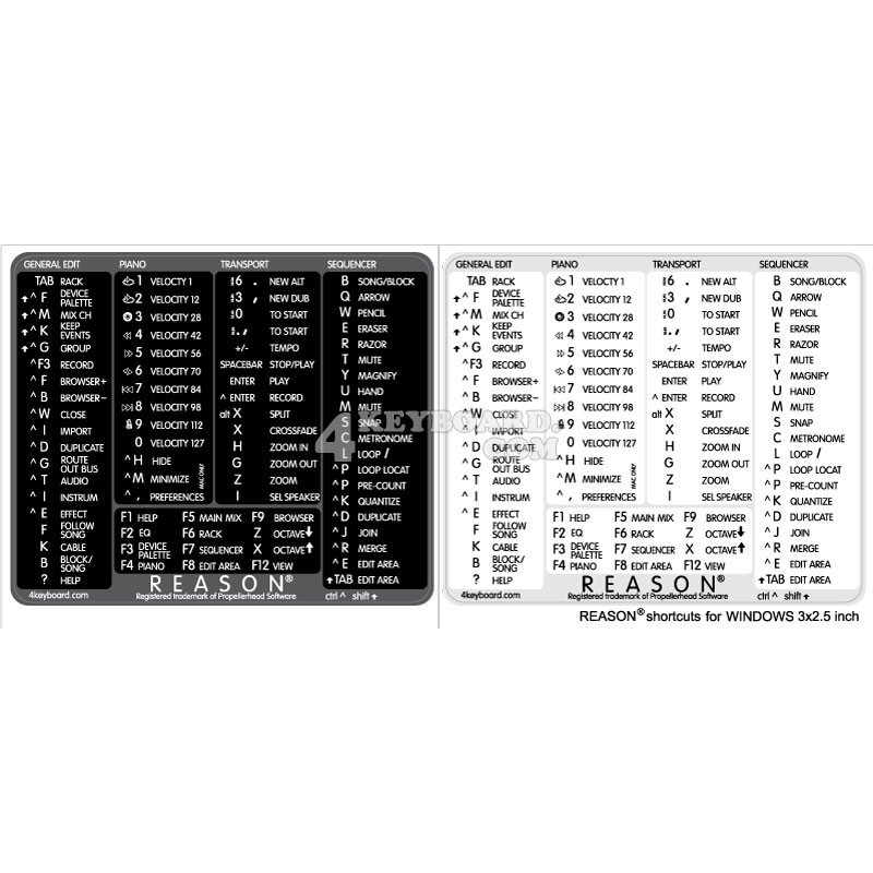 Reason reference keyboard hotkeys decals for Windows