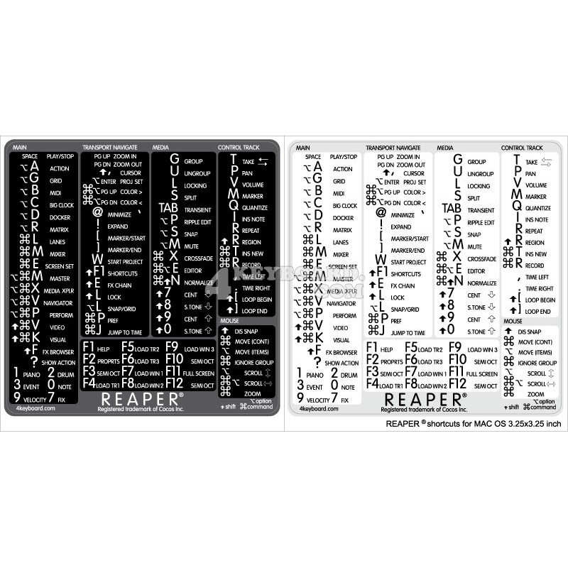 REAPER reference keyboard hotkeys decals for Mac OS