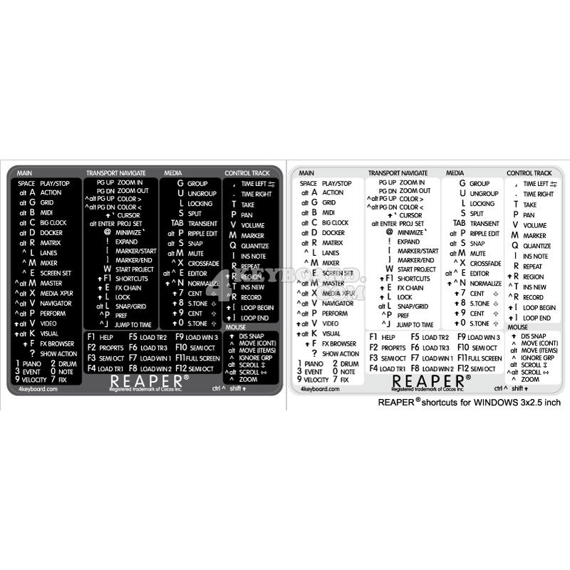 REAPER reference keyboard hotkeys decals for Windows