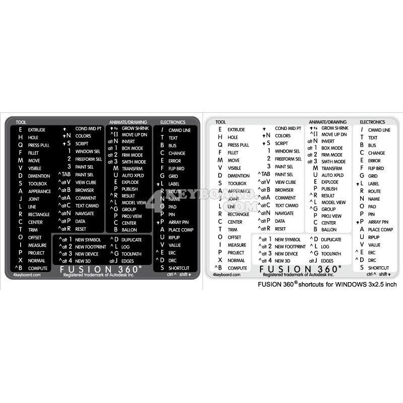 Autodesk Fusion 360 reference keyboard hotkeys decals for Windows