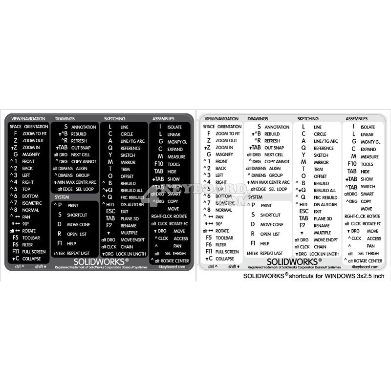 SolidWorks reference keyboard hotkeys decals for Windows