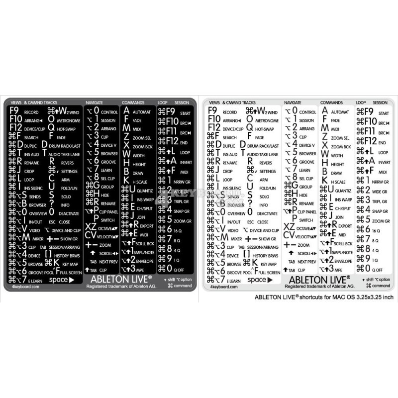 Ableton Live reference keyboard hotkeys decals for Mac OS