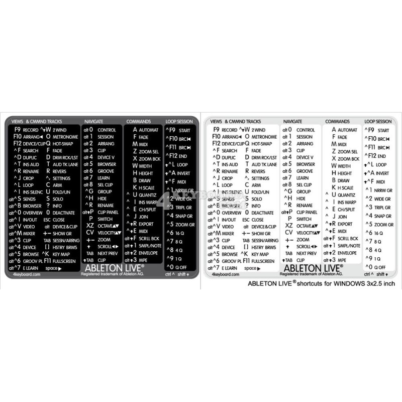 Ableton Live reference keyboard hotkeys decals for Windows