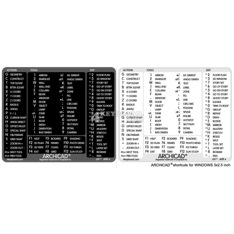 Archicad reference keyboard hotkeys decals for Windows