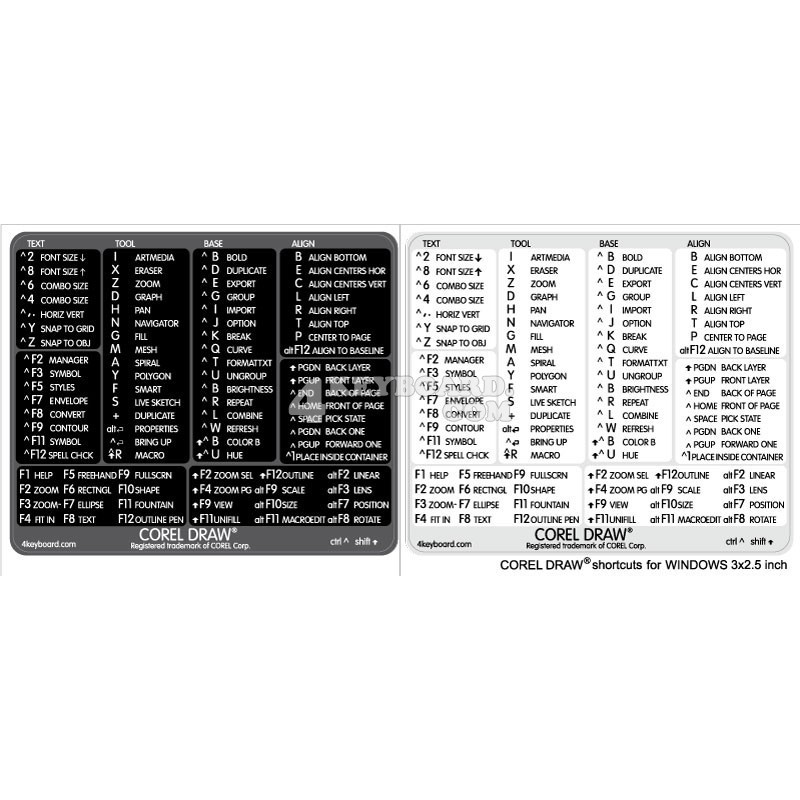 CorelDRAW reference keyboard hotkeys decals for Windows