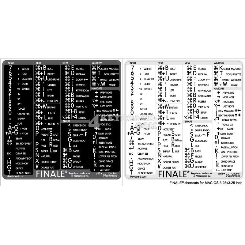 Finale reference keyboard hotkeys decals for Mac OS