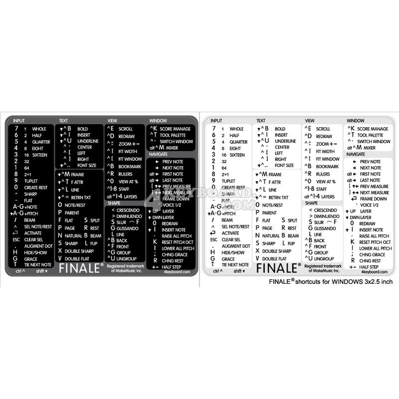Finale reference keyboard hotkeys decals for Windows